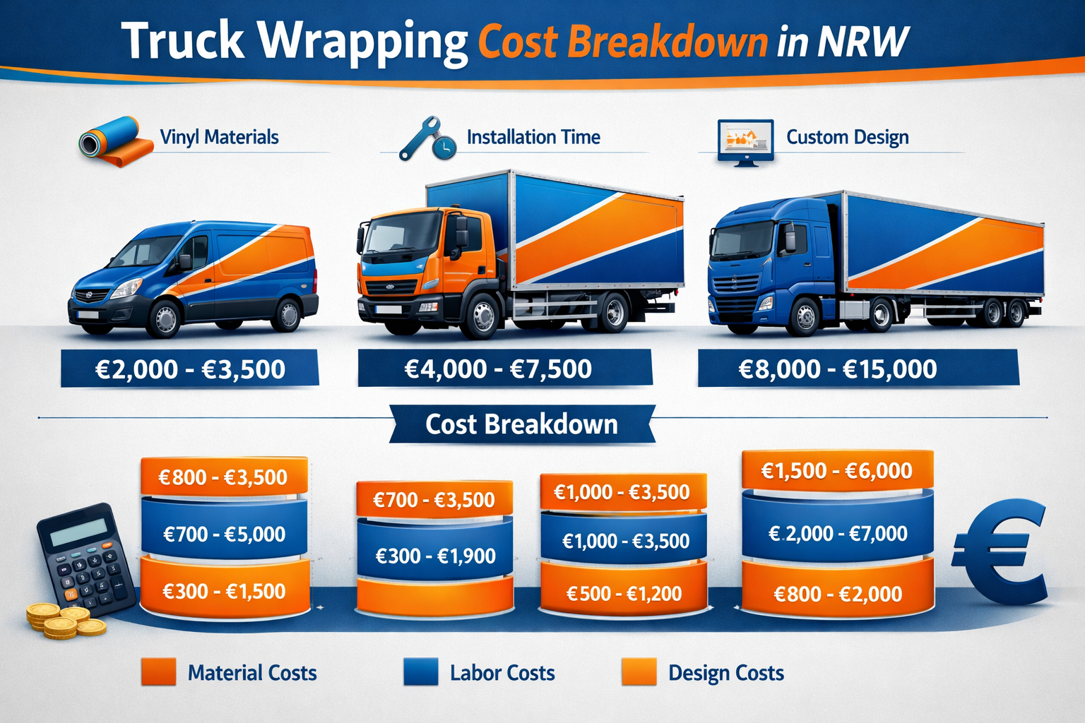 Landscape format (1536x1024) detailed infographic showing price breakdown for truck wrapping services in NRW, featuring three commercial tru