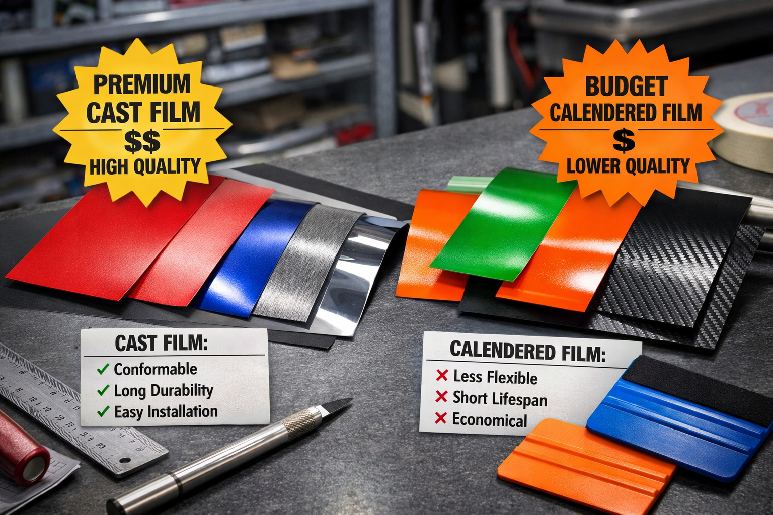 Landscape format (1536x1024) close-up composition showing different vinyl wrap material samples laid out on professional work table, high-qu