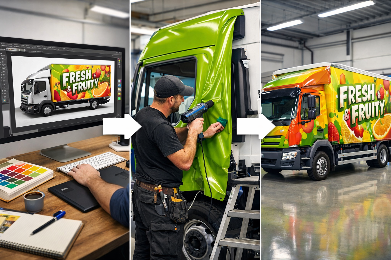 Landscape format (1536x1024) split-screen composition showing truck wrapping process stages: left side displays design mockup on computer sc