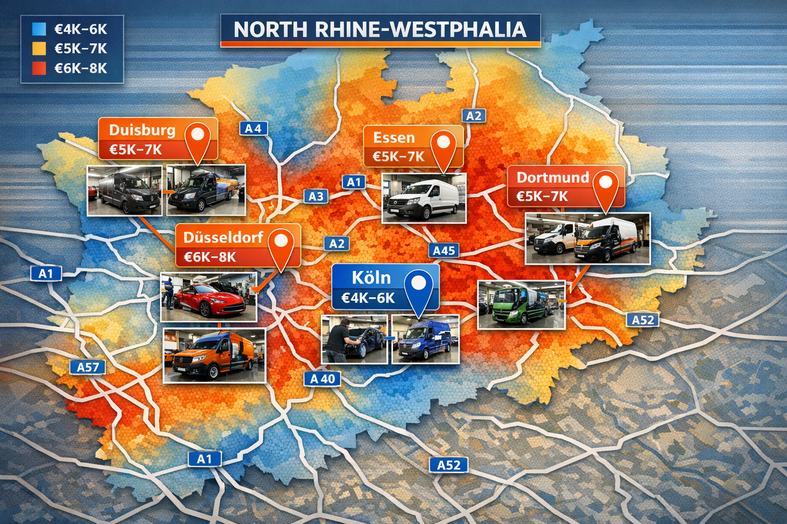 Landscape format (1536x1024) map of North Rhine-Westphalia region with location pins marking major cities (Düsseldorf, Köln, Dortmund, Essen