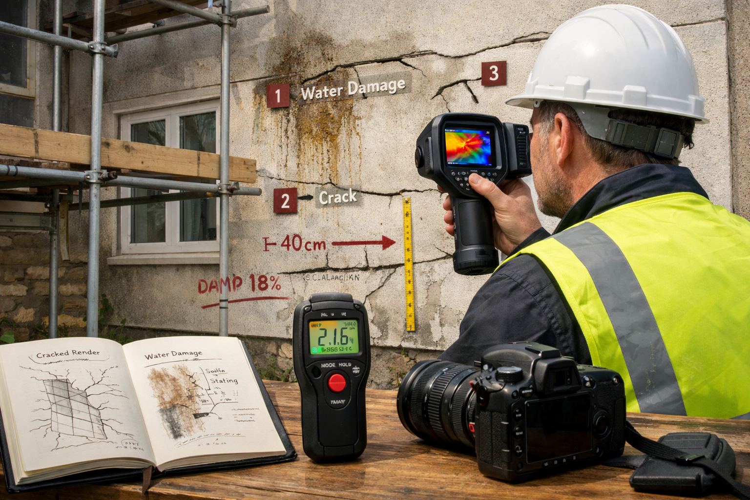 () detailed illustration showing building surveyor conducting comprehensive site inspection of defective construction work.