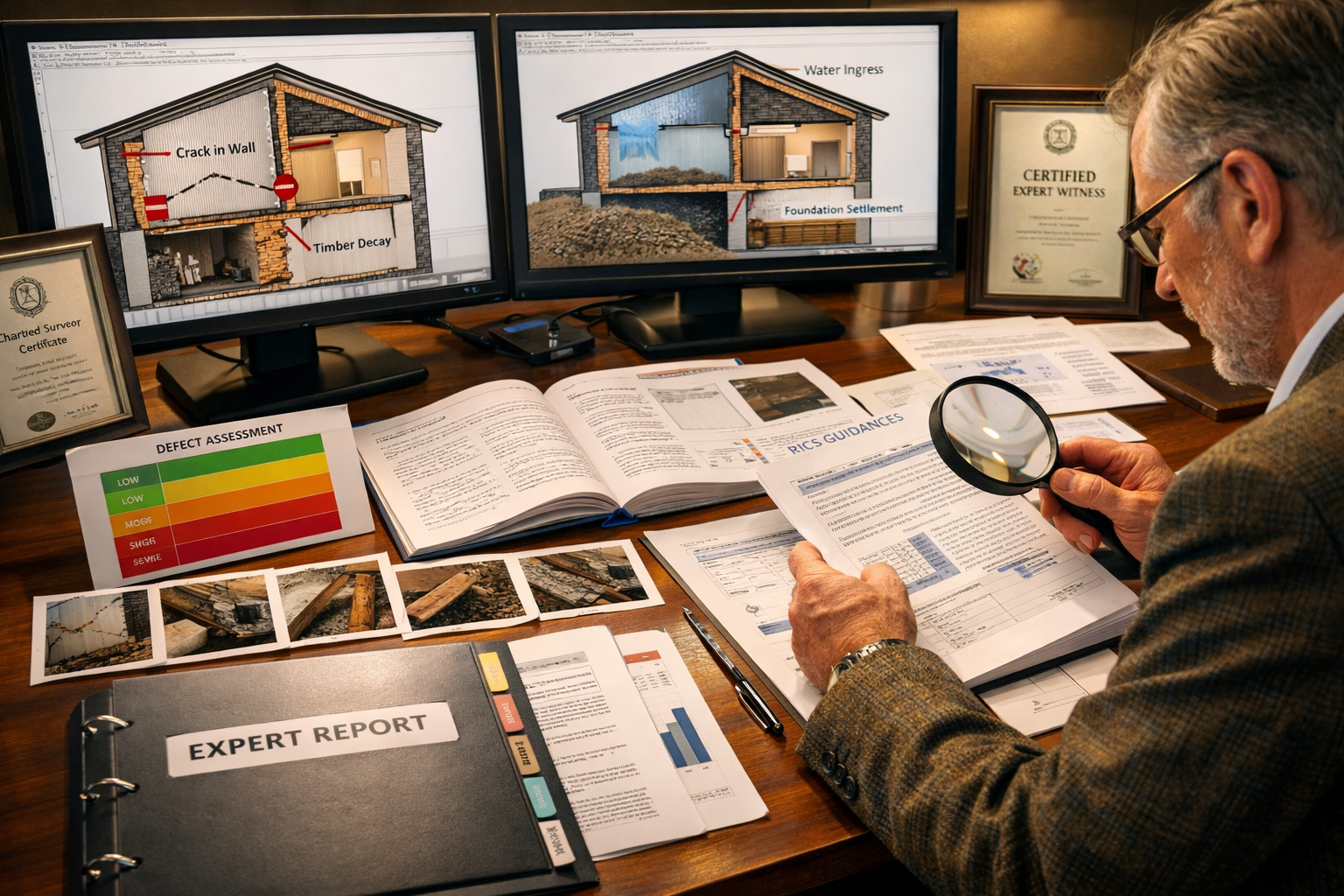 () professional composition showing expert witness report preparation workspace. Central focus on large desk with multiple