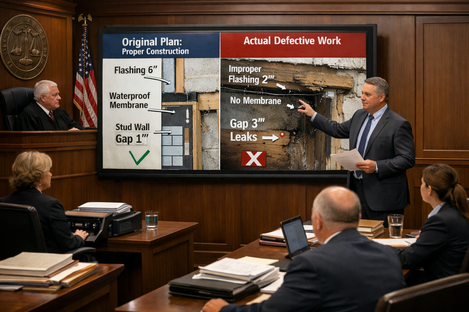 () courtroom scene depicting building surveyor expert witness presenting evidence. Wide-angle view shows witness stand with