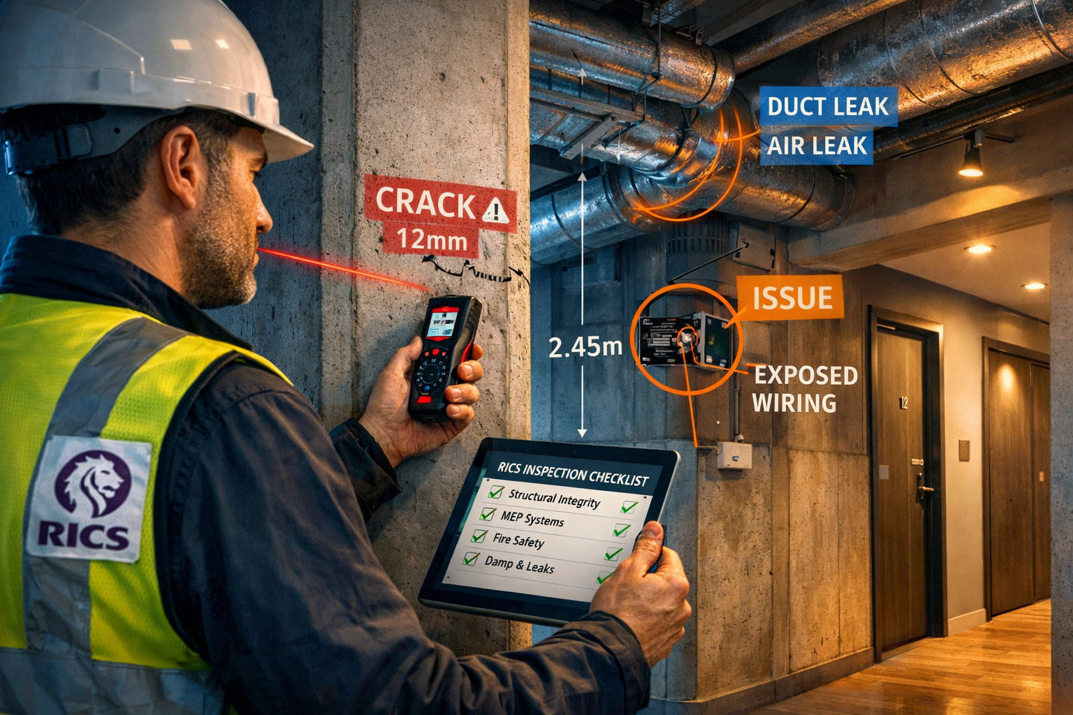 Detailed () image showing professional chartered surveyor conducting detailed building inspection of modern build-to-rent