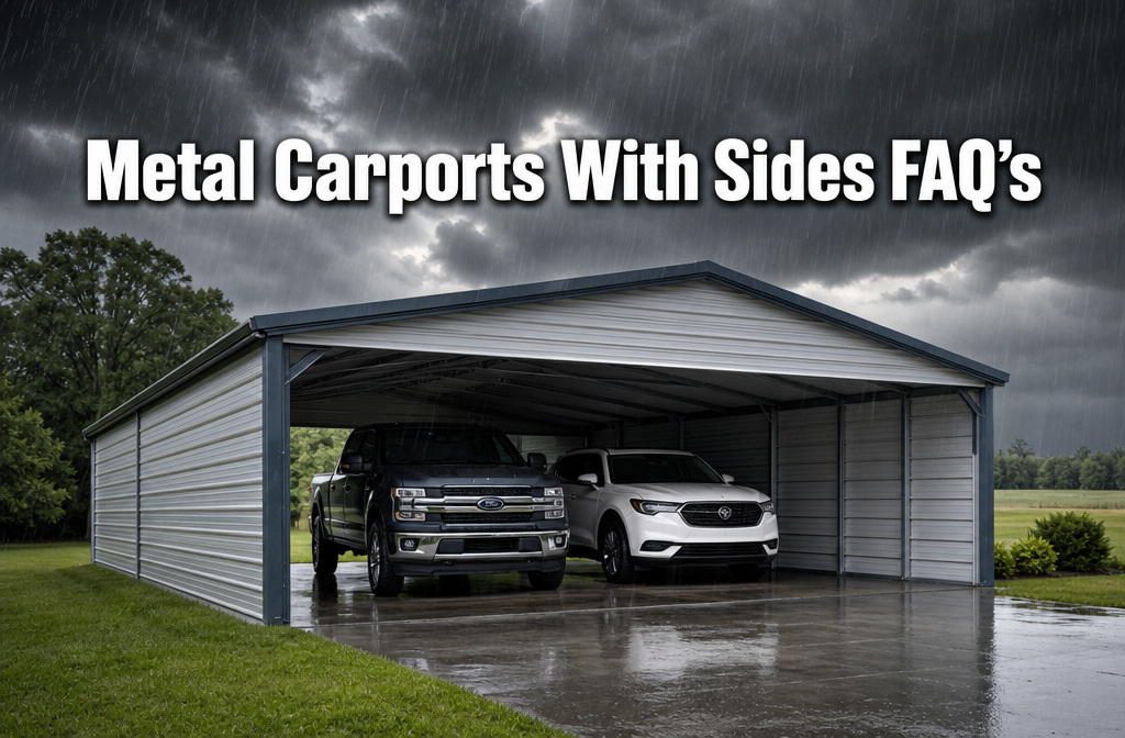 Professional () hero image with : 'Metal Carports With Sides FAQ's' in extra large white with dark drop , centered