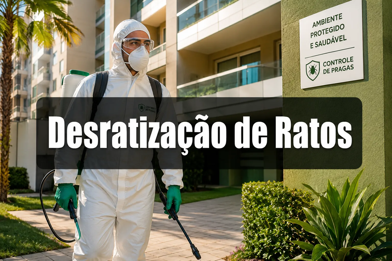 Professional () hero image with (≤42 chars): 'Desratização de Ratos', white on a dark semi-transparent panel centered with