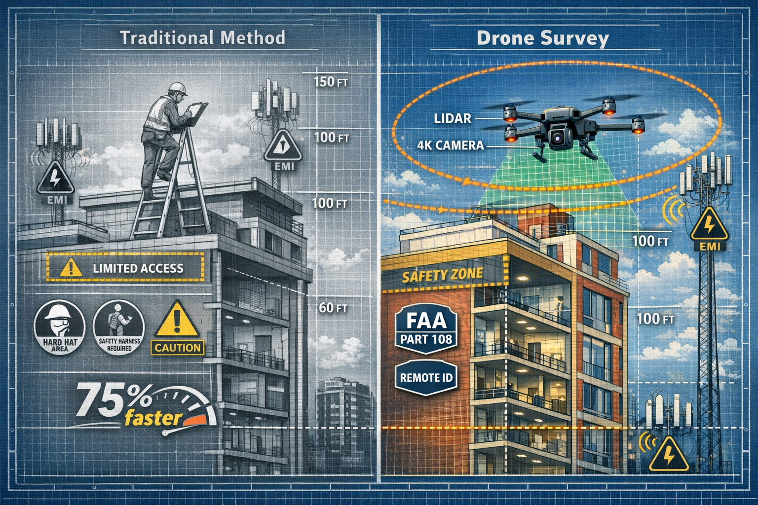 () detailed technical illustration showing cross-section view of urban high-rise party wall scenario with drone flight path