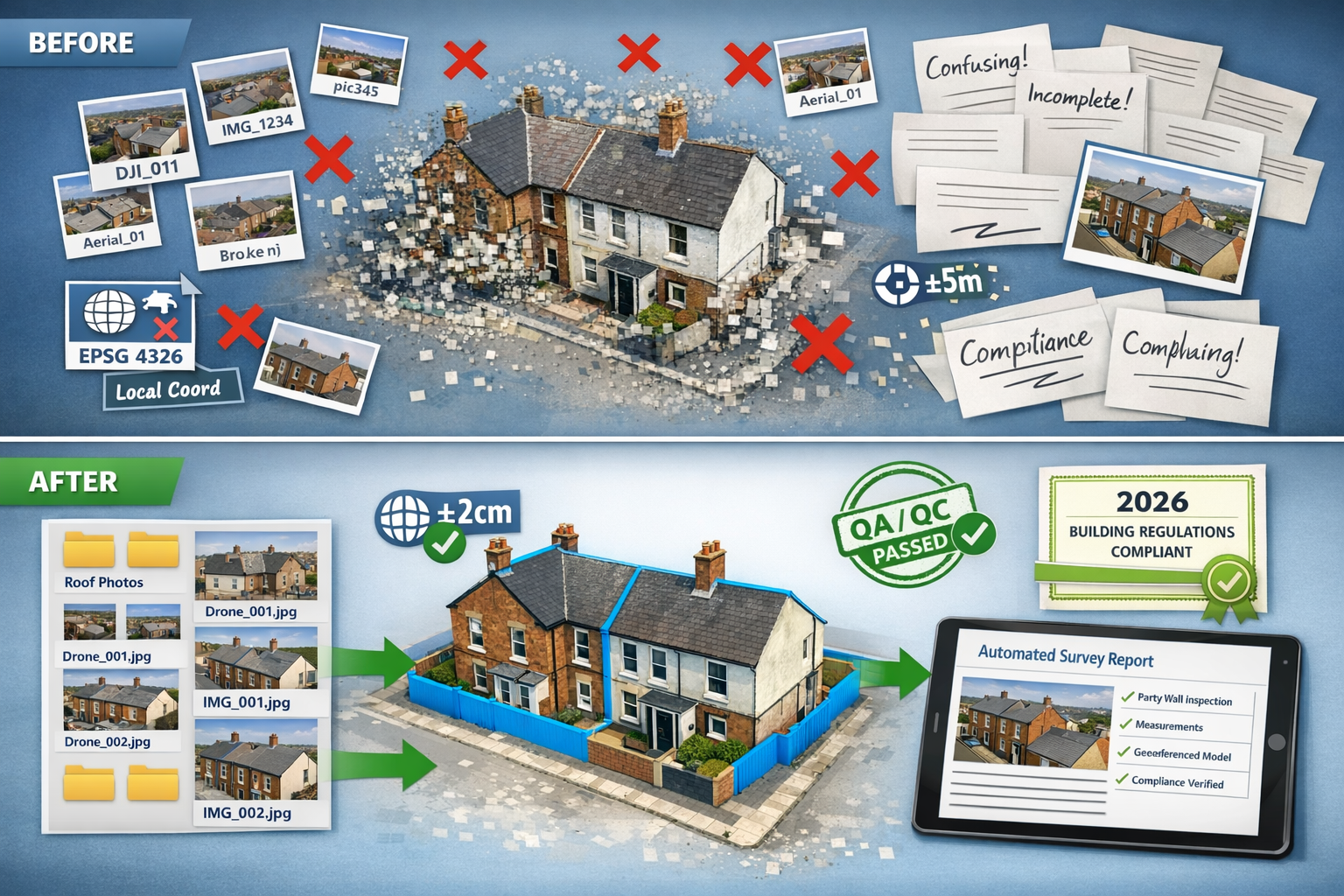 () before-and-after comparison image demonstrating data standardization and compliance documentation workflow for party wall
