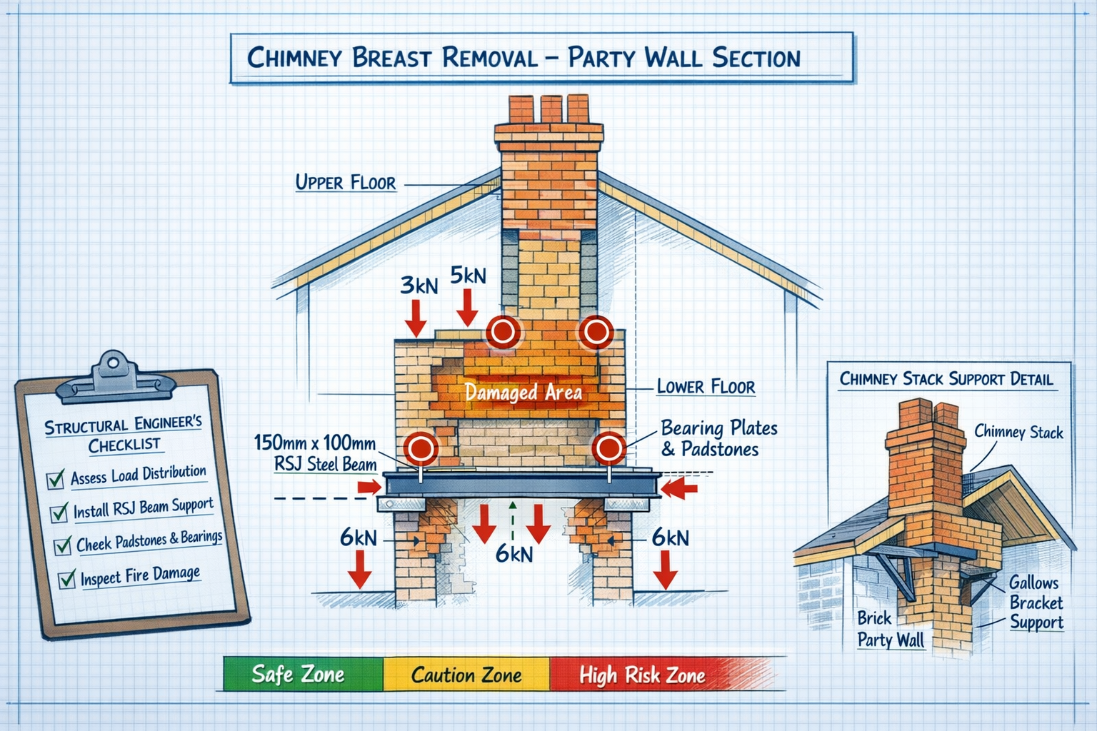 Detailed () technical illustration showing structural engineer's assessment diagram for chimney breast removal in Victorian