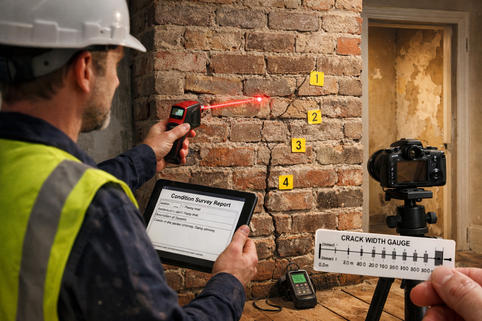 () photorealistic scene of party wall surveyor conducting pre-work condition survey in Victorian terrace property.