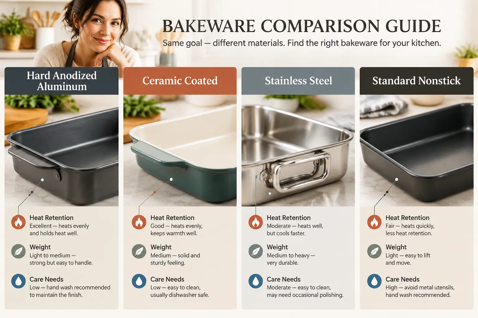 Four panel labelled comparison guide on a bright studio background comparing hard anodized aluminum, ceramic coated, stainless steel and standard nonstick bakeware, each panel shows a close up photograph of that pan type with a short panel heading and three bullet labels naming heat retention, weight, and care needs, thin callout lines, warm editorial kitchen magazine polish. Can You Use Hard Anodized Aluminum Bakeware in the Dishwasher