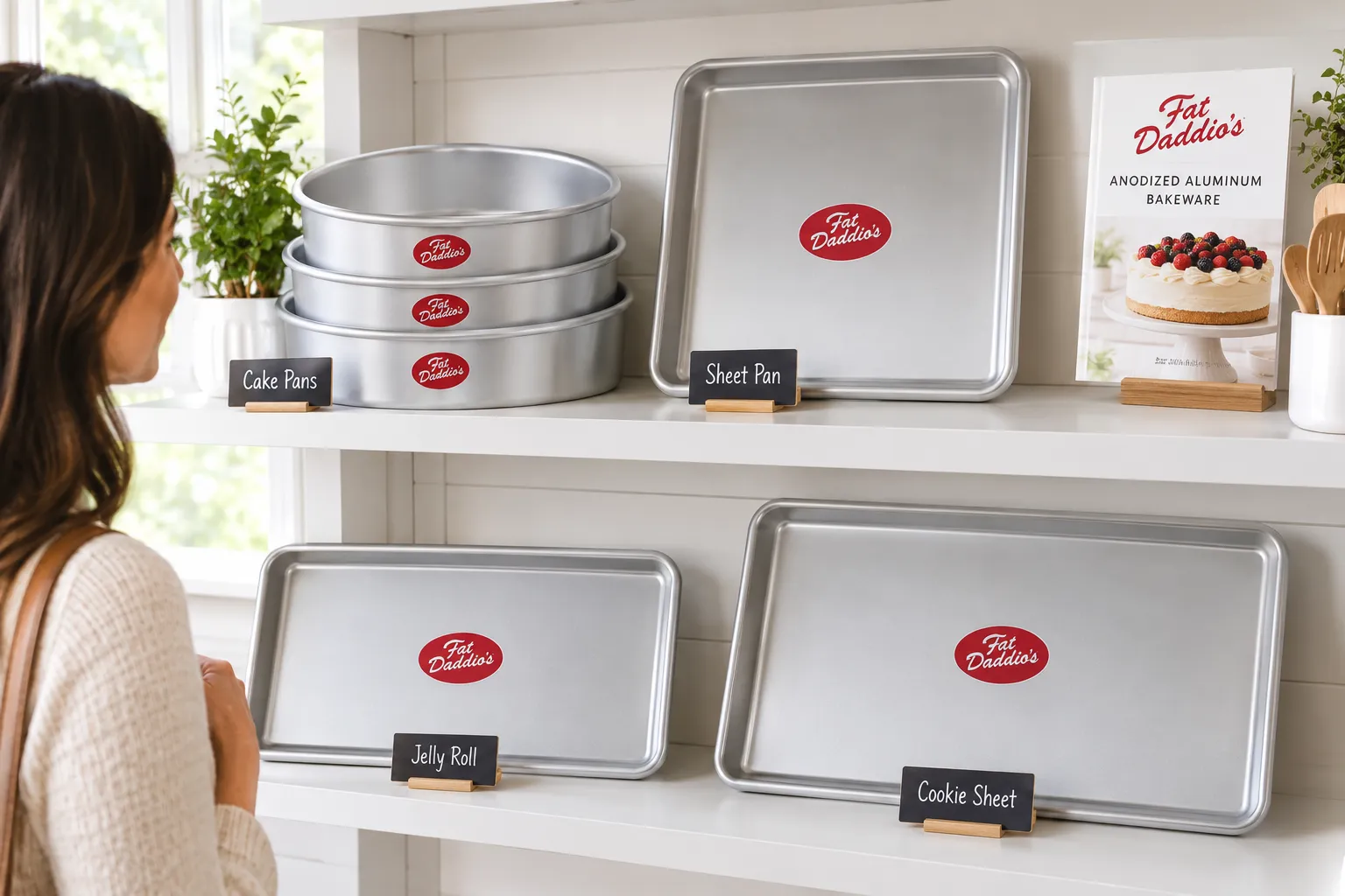 Annotated documentary style photograph of a bright kitchen shelf displaying a shop style product lineup of Fat Daddio anodized aluminum bakeware including round cake pans, a jelly roll pan, a rectangle sheet pan and a cookie sheet, small labeled tags beside each pan reading cake pans, sheet pan, jelly roll, cookie sheet, soft daylight, clean retail catalog aesthetic. How Much Does Good Quality Hard Anodized Aluminum Bakeware Cost