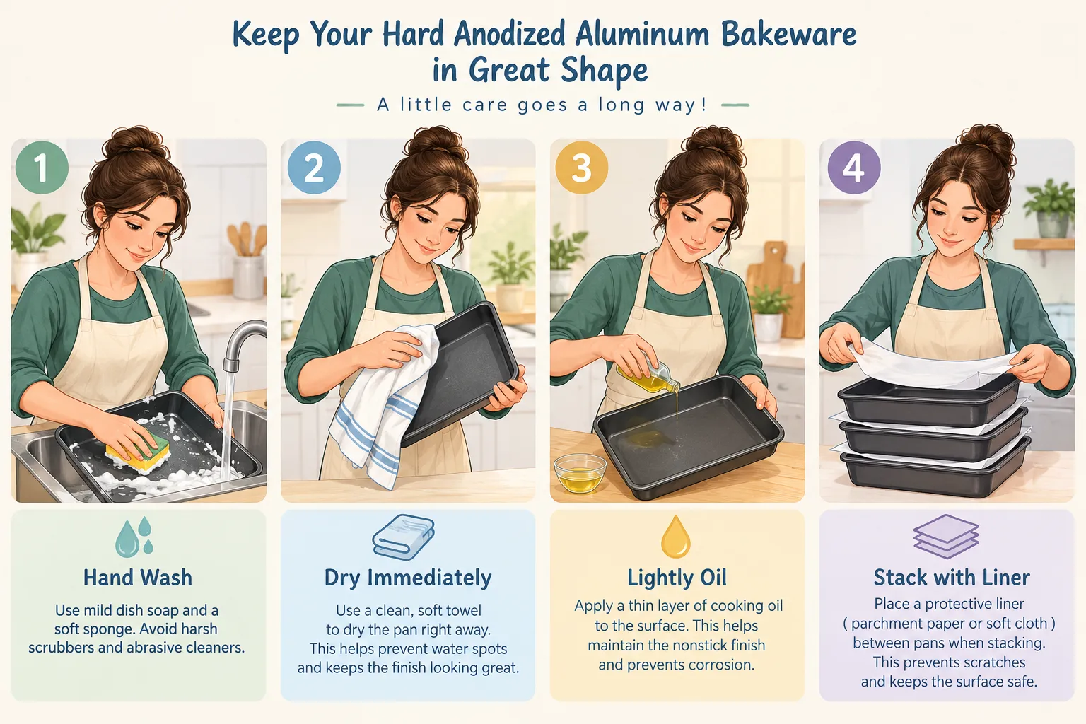 Step by step numbered flow illustration on a light background showing four stages of caring for hard anodized aluminum bakeware, hand washing the pan, drying immediately with a towel, light oiling of the surface, stacking with a protective liner, each step with a short caption label underneath, flat editorial infographic style, pastel kitchen palette. Shop Hard Anodized Aluminum Bakeware: Best Brands, Filters, and Sort Options