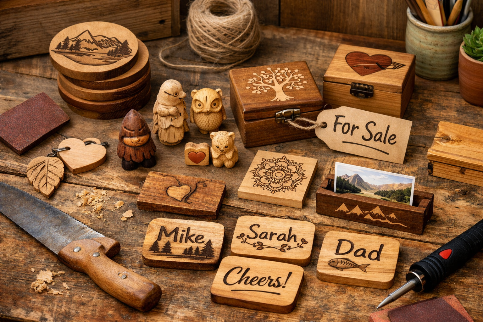 Detailed () image featuring a collage of small, completed wooden gift projects like custom coasters with engraved designs,