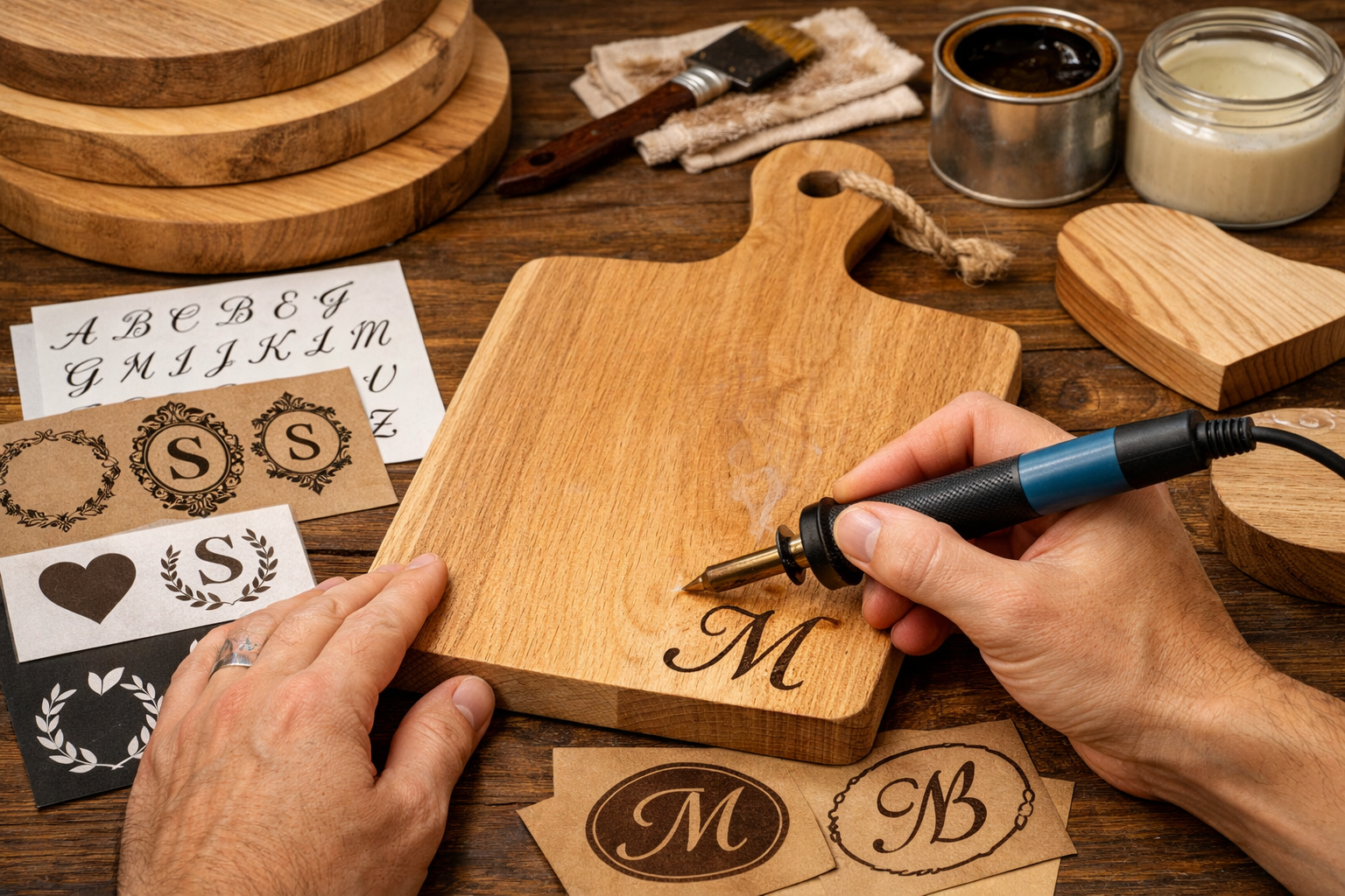 Detailed () image illustrating the process of personalizing a wooden gift. A pair of hands is shown carefully using a wood