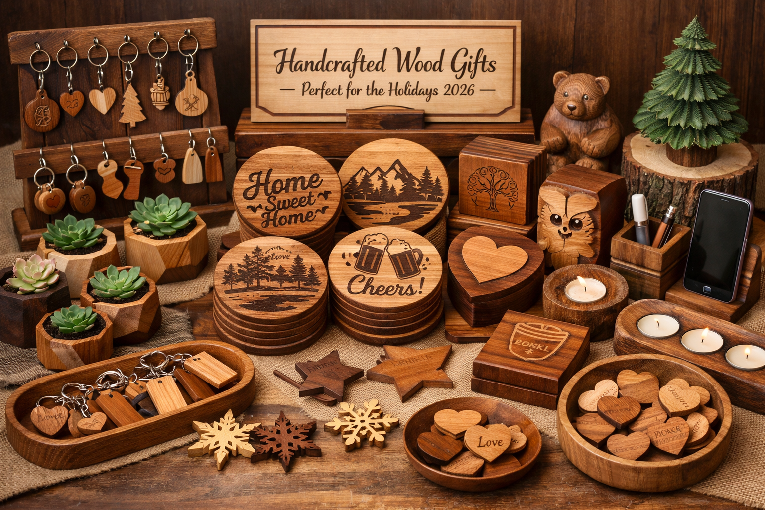 Detailed () image of a beautifully arranged display of various finished wooden gifts ready for sale, perhaps at a craft fair