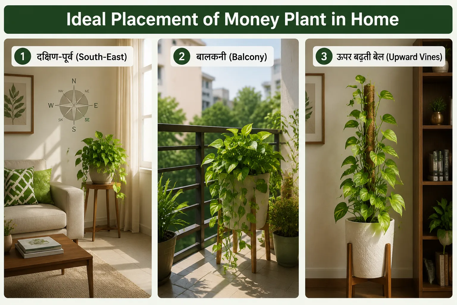 A labelled multi-panel comparison guide illustrating the ideal placements for Money Plant in a home. Panel 1: Living room