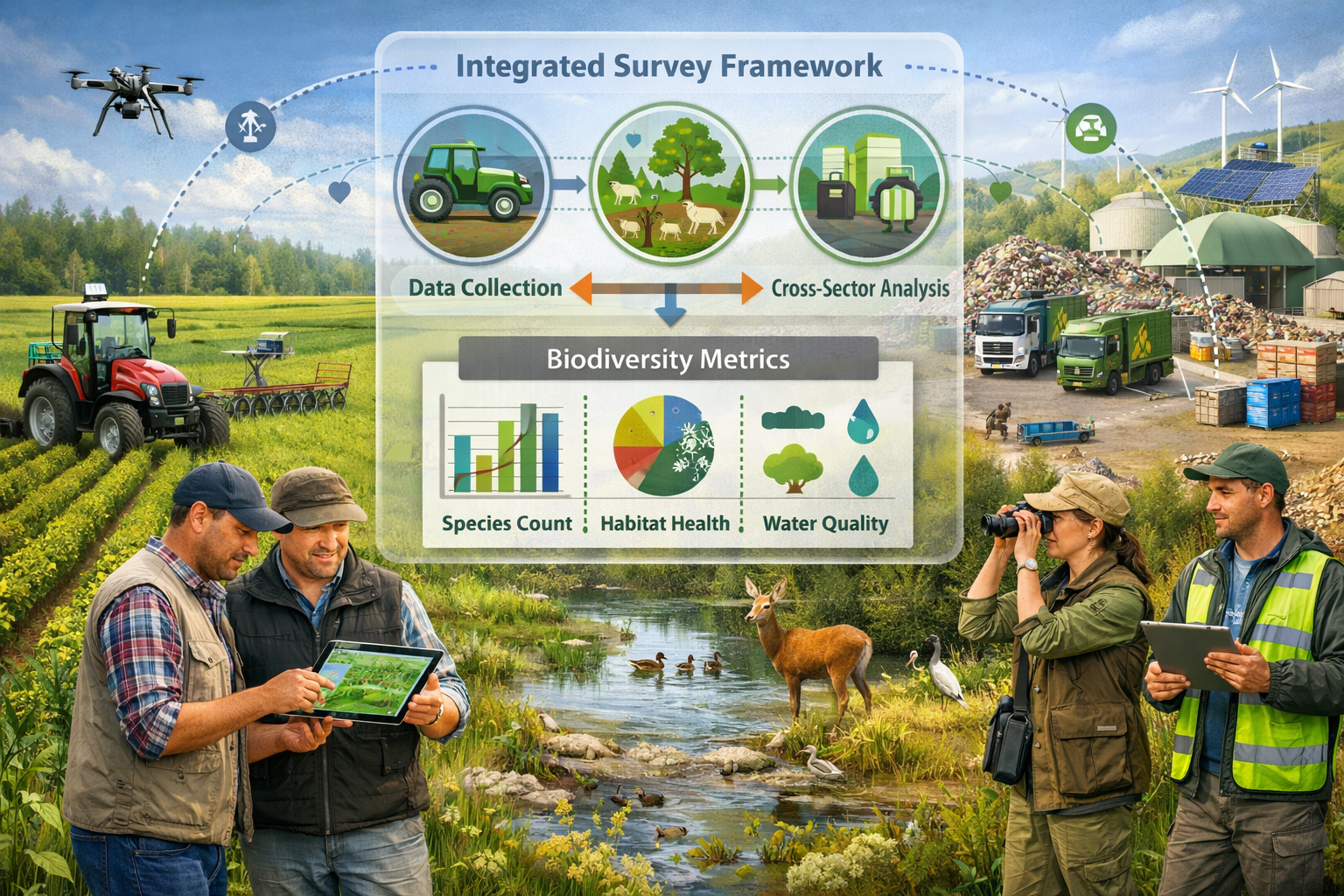 Detailed () editorial image showing interconnected sector integration concept with three distinct zones merging: sustainable
