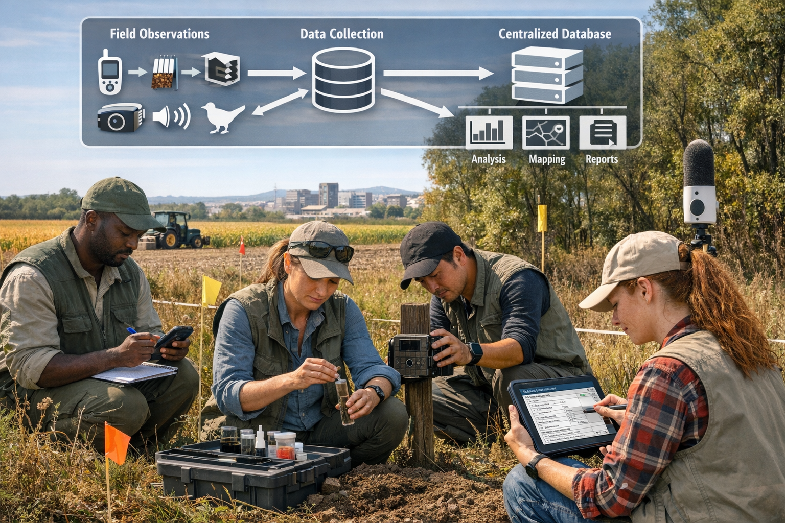 Detailed () close-up scene of field ecologists conducting multi-pressure site assessment using cross-disciplinary survey