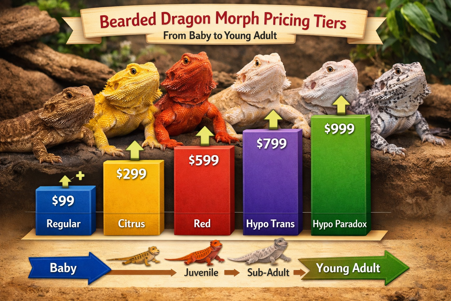 Interactive price comparison visualization showing bearded dragon morph pricing tiers from baby to young adult. Colorful bar charts displayi