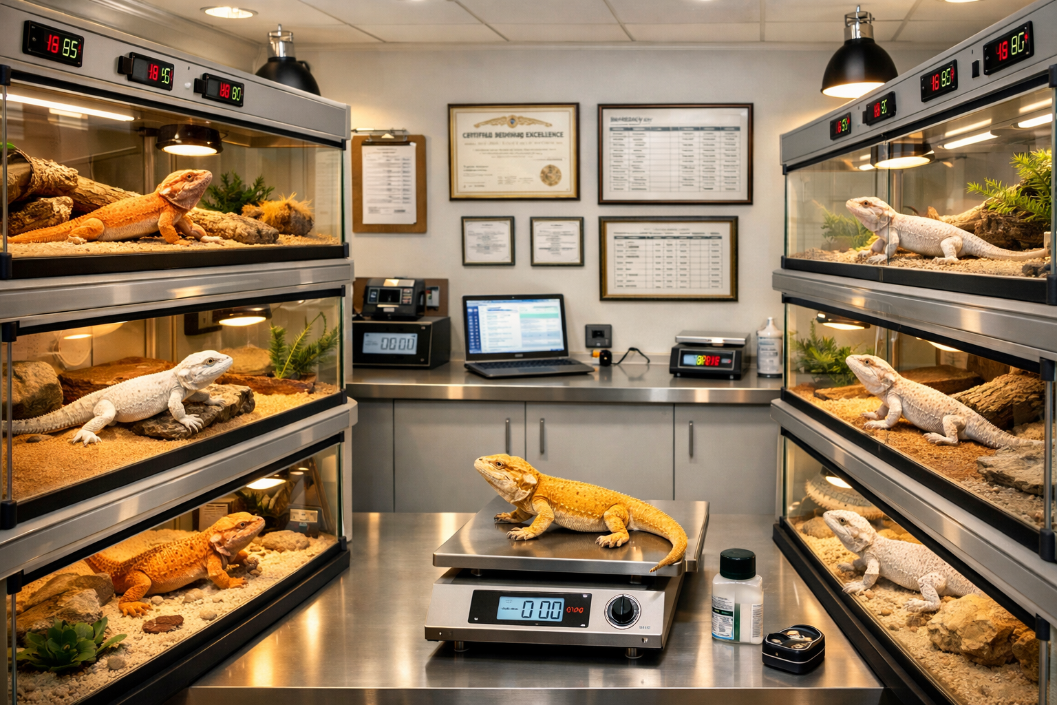 Professional reptile breeding facility showcase featuring rows of pristine terrariums with various bearded dragon morphs. Clean, modern labo