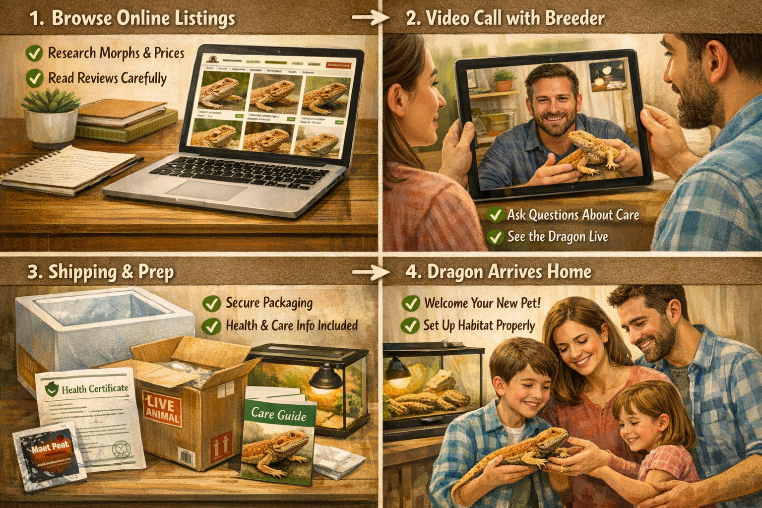 Step-by-step visual guide showing bearded dragon selection and purchase process. Split panels showing online browsing, video calls with bree