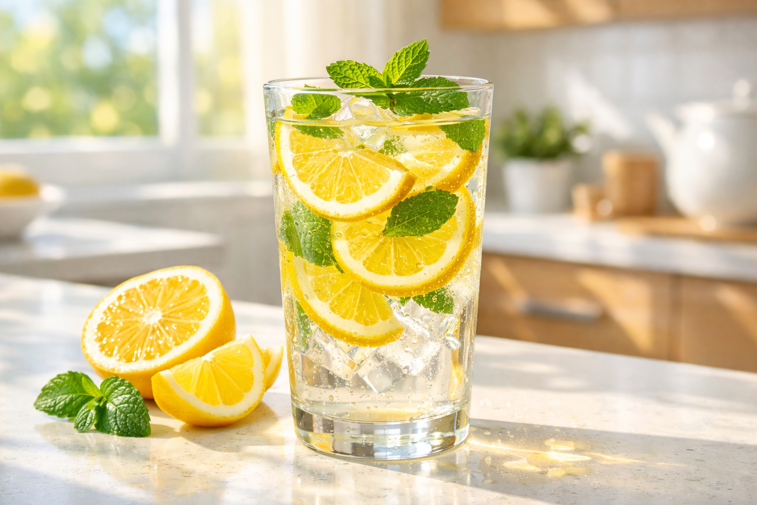 bright, refreshing glass of lemon water with fresh lemon slices, mint leaves, morning sunlight streaming through window, clean modern kitche
