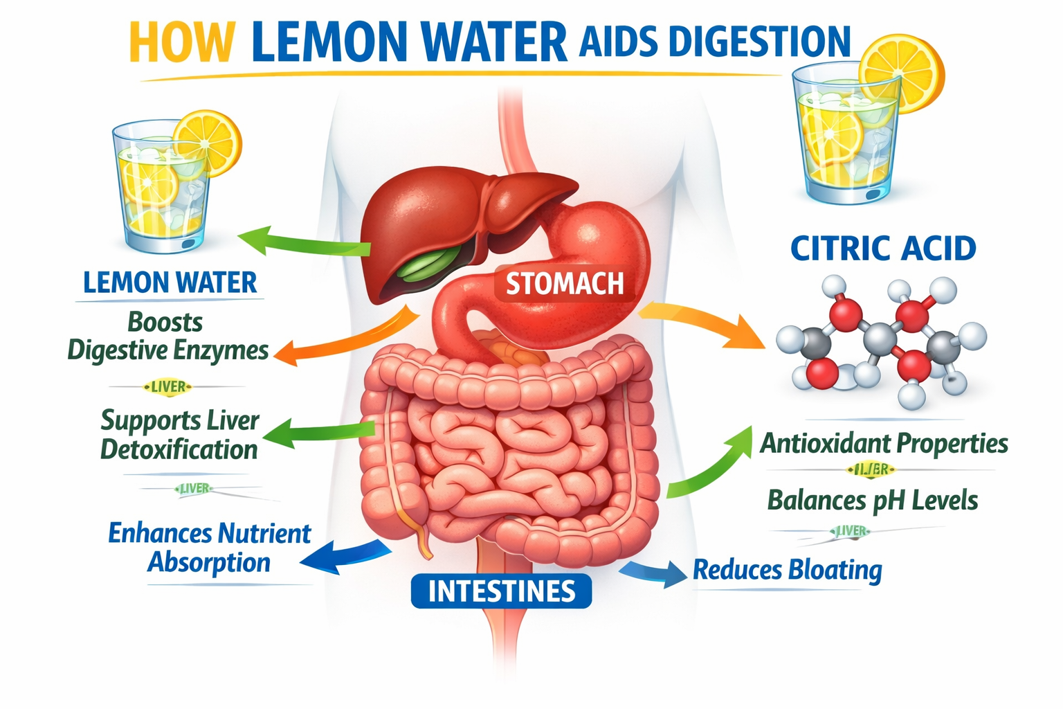 colorful infographic showing digestive system with arrows indicating how lemon water aids digestion, stomach, liver, intestines highlighted,