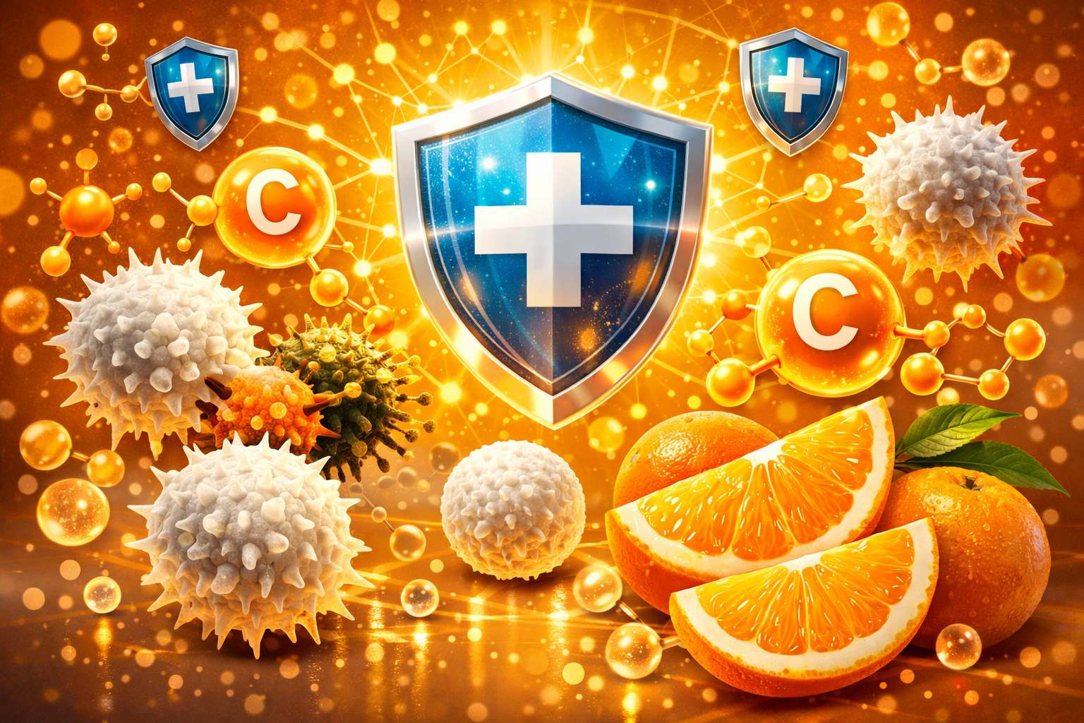 immune system boost visualization with white blood cells, vitamin C molecules, shield icons, vibrant oranges and yellows, scientific yet acc