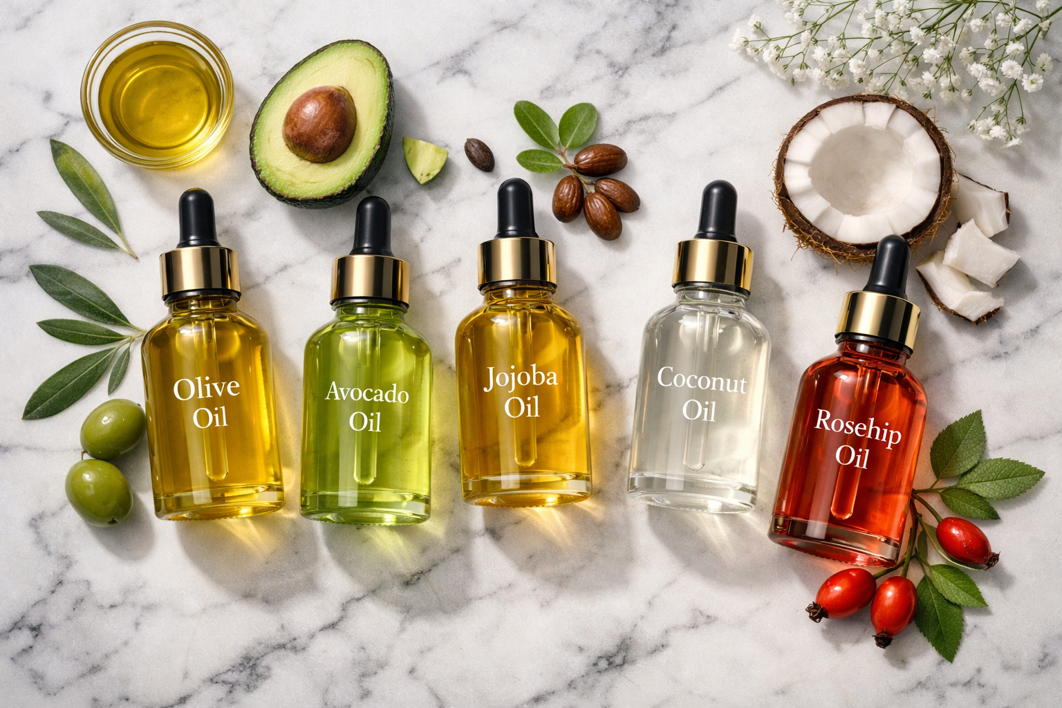 Professional flat-lay hero image: five glass dropper bottles of natural oils (olive, avocado, jojoba, coconut, rosehip)