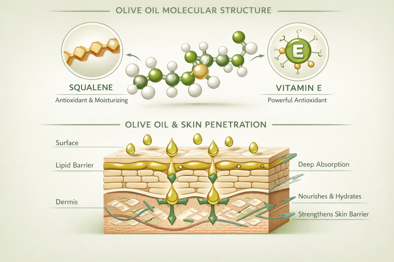 Clean infographic showing olive oil molecular structure highlighting squalene and vitamin E, with skin cross-section diagram