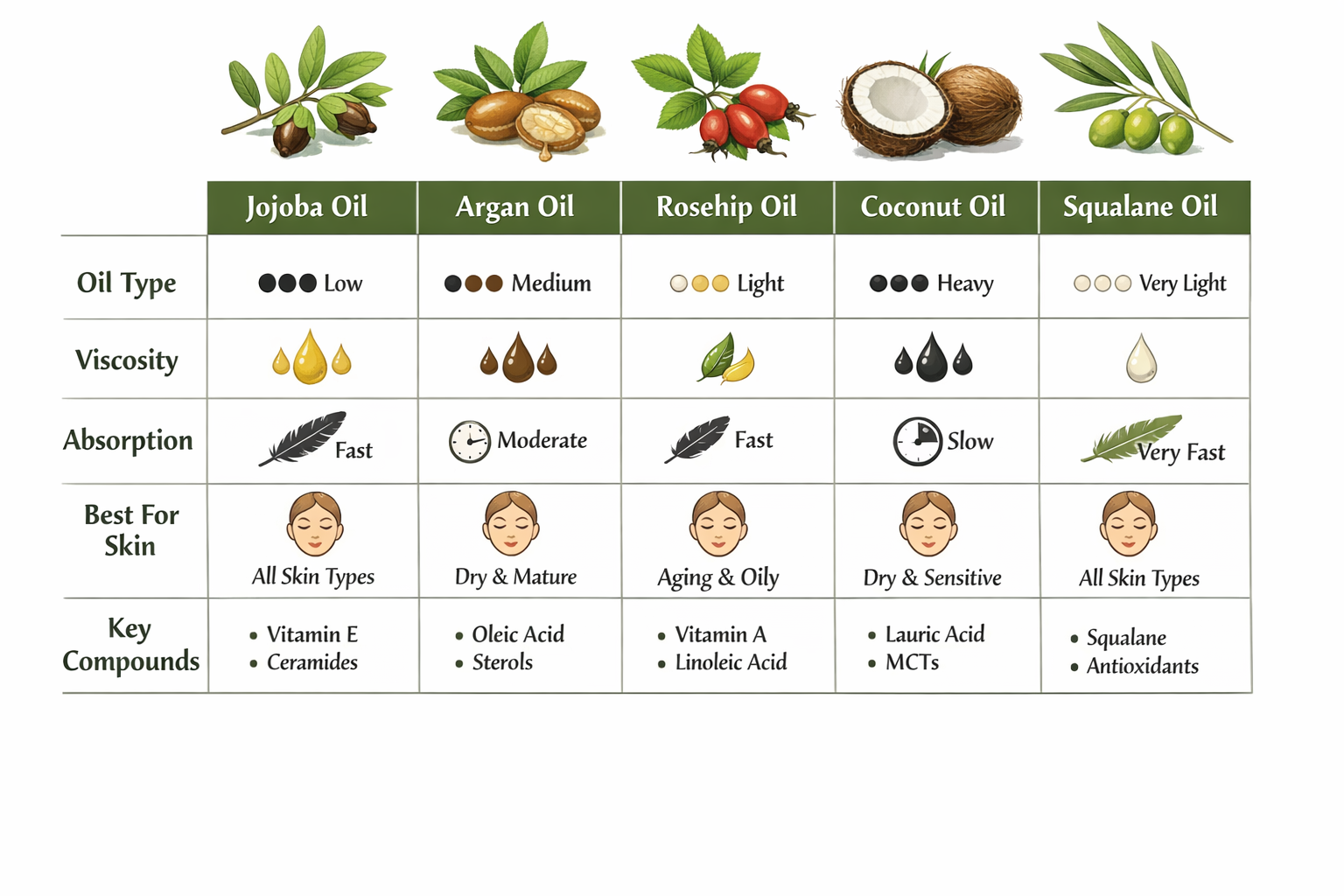 Side-by-side comparison visual guide: five oil types with icons showing viscosity, absorption rate, skin type suitability,