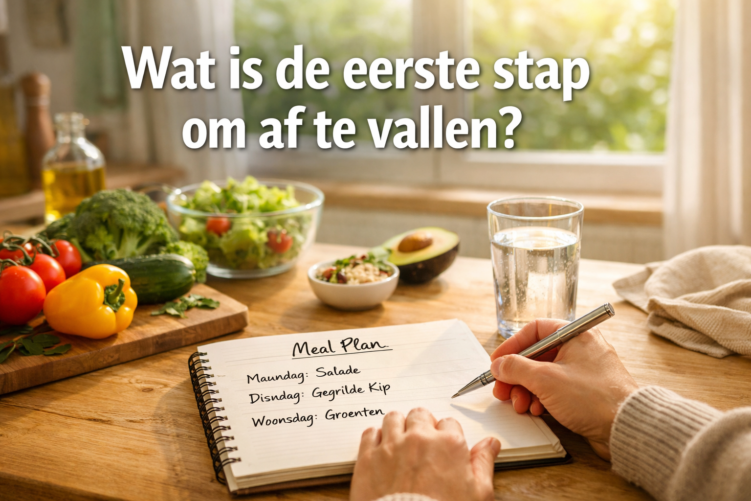 Professional landscape hero image (1536x1024) featuring bold text overlay 'Wat is de eerste stap om af te vallen?' in extra large 72pt white