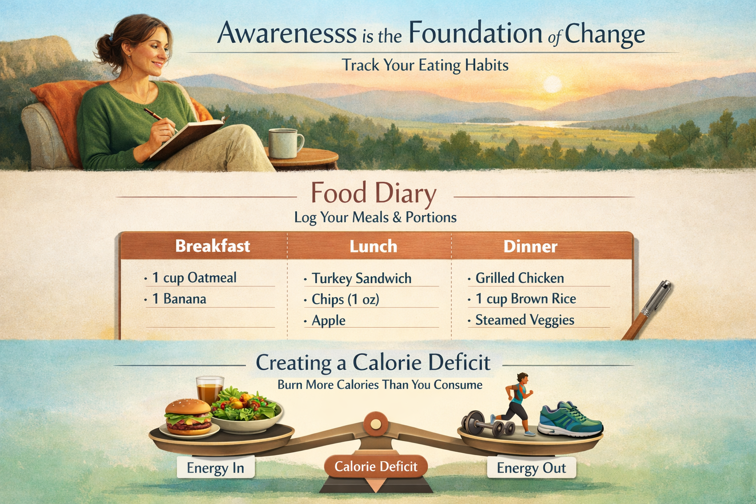 Detailed landscape infographic (1536x1024) showing three-step visual hierarchy: top section displays person sitting comfortably with journal