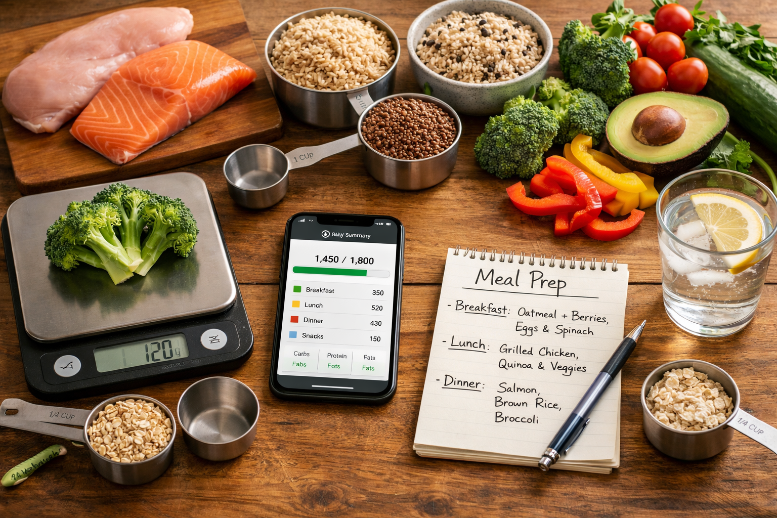 Landscape editorial photograph (1536x1024) depicting realistic meal planning scene on wooden kitchen table: smartphone with calorie tracking