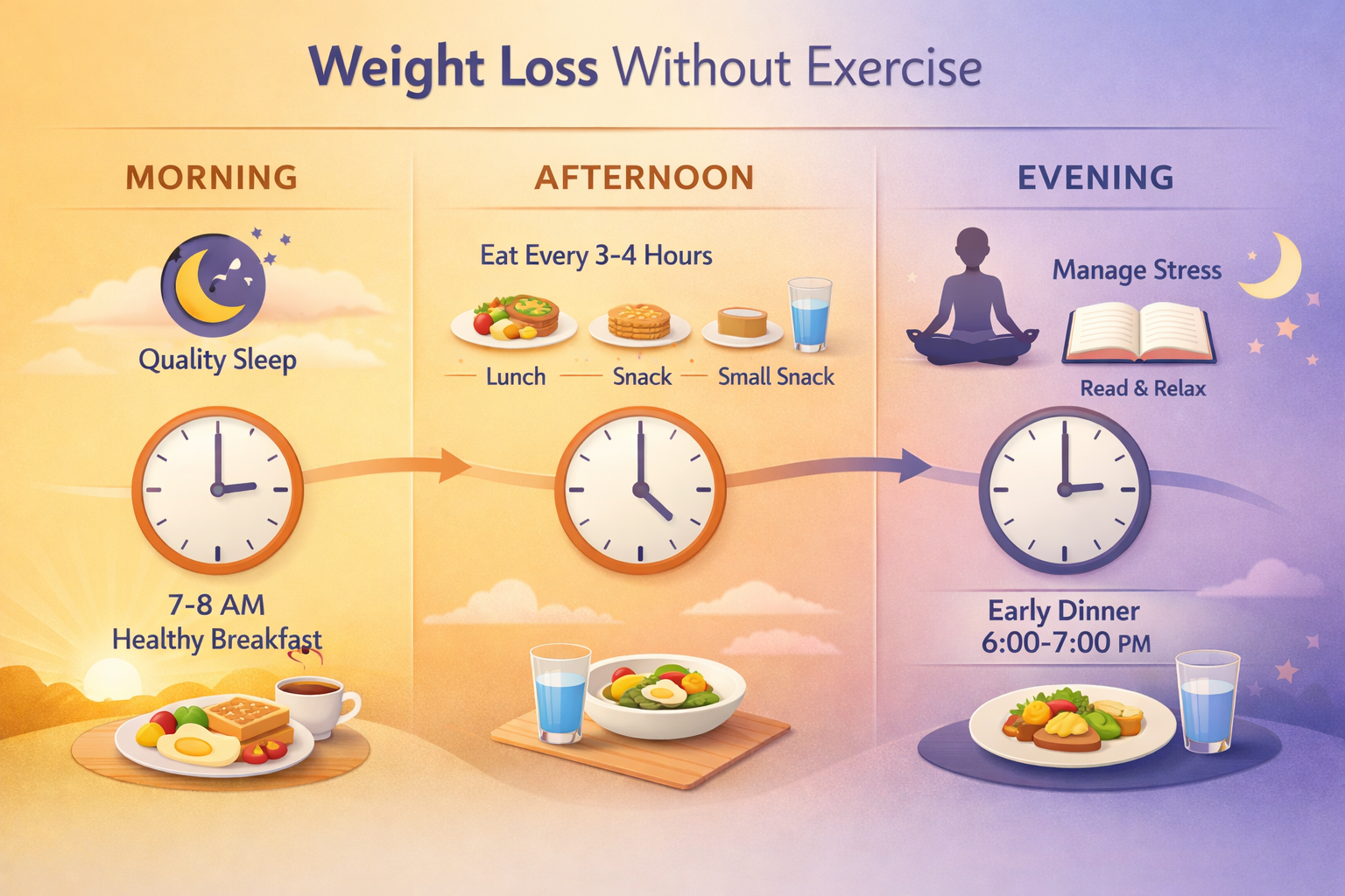 Professional landscape illustration (1536x1024) showing daily routine timeline infographic for weight loss without exercise: morning section