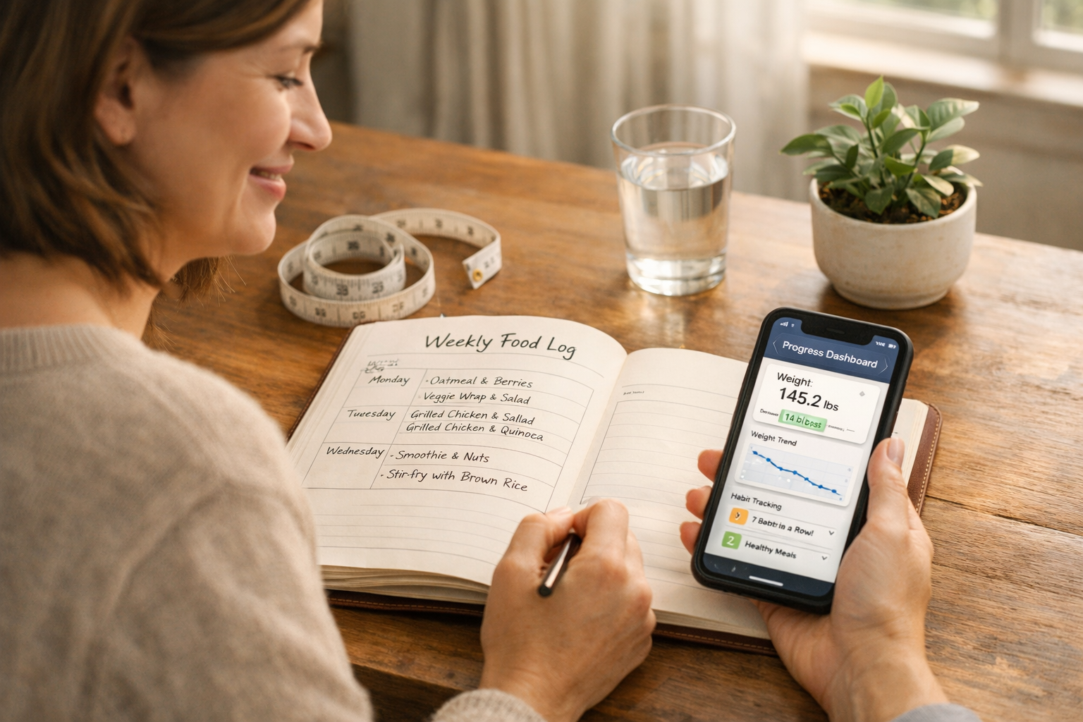 Landscape photograph (1536x1024) featuring person in comfortable home setting reviewing progress: journal open with weekly food log entries,