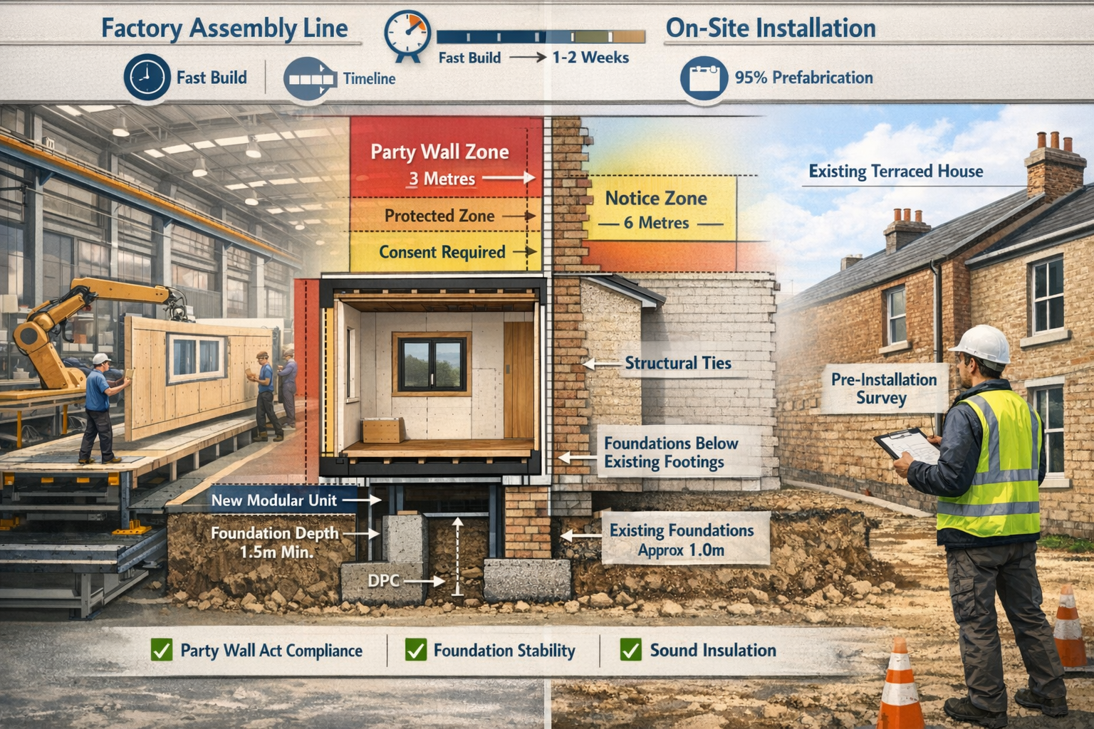 Detailed () image showing cross-section technical diagram of modular housing unit positioned against existing terraced