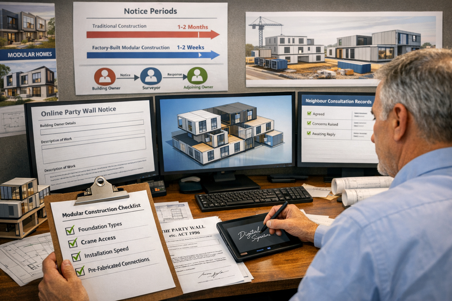 Detailed () image depicting formal party wall notice documentation process specific to modular construction, showing
