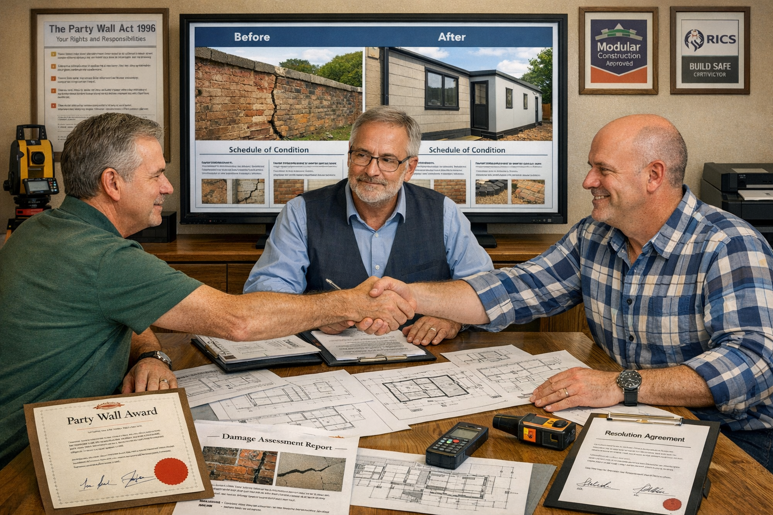 Detailed () image showing mediation scene in modern surveyor office with two neighbors and party wall surveyor reviewing