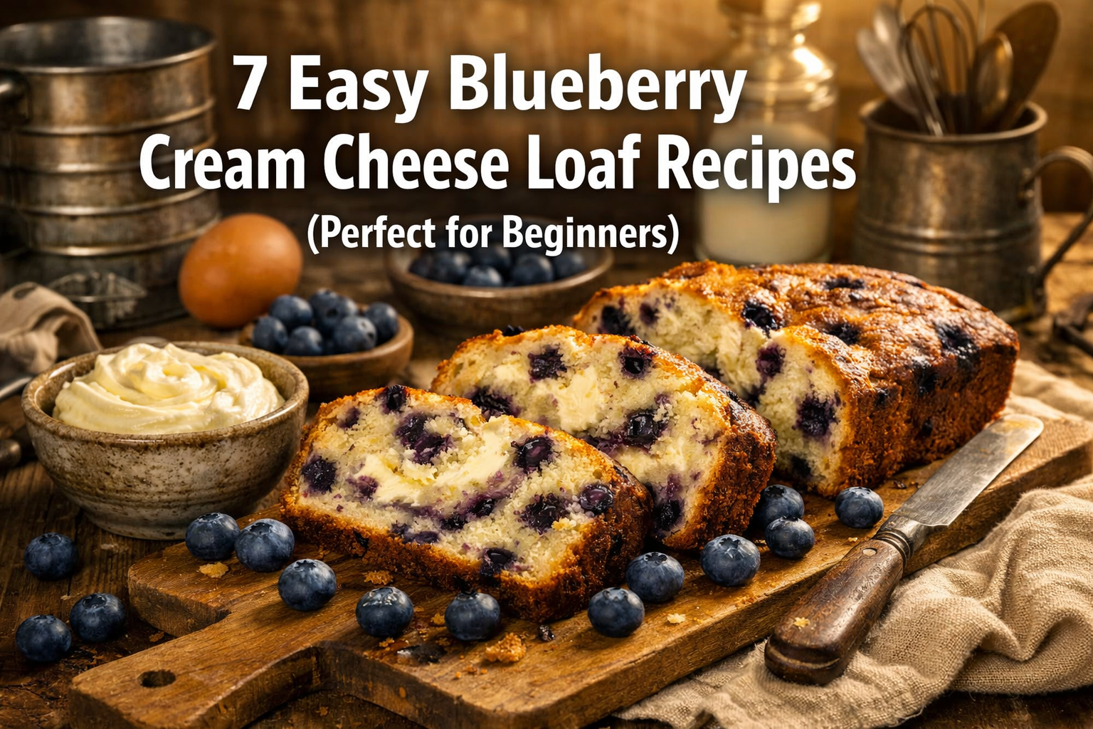 Professional landscape format (1536x1024) hero image featuring bold text overlay '7 Easy Blueberry Cream Cheese Loaf Recipes (Perfect for Be