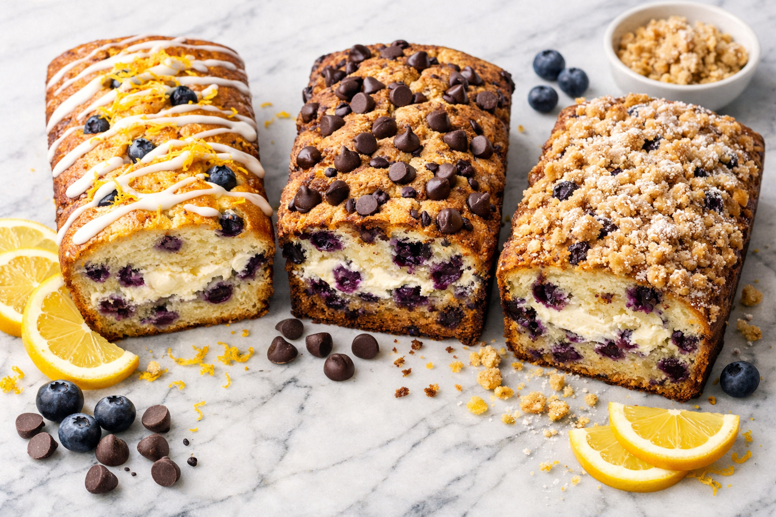 Portrait format (1024x1536) image displaying advanced blueberry cream cheese loaf variations - lemon zest version with bright yellow accents