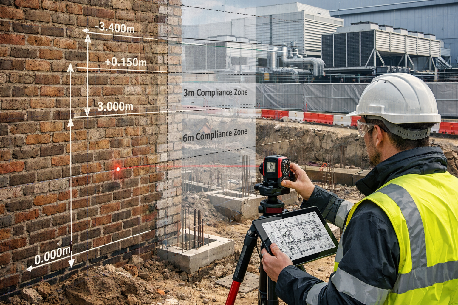 Detailed () image showing close-up of party wall boundary between existing commercial building and new data centre