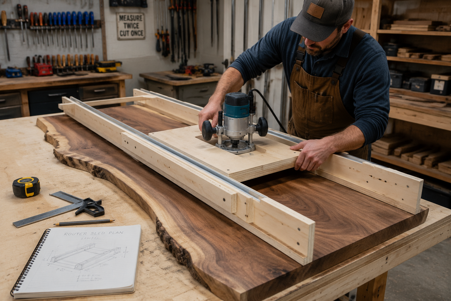 Detailed () image illustrating a woodworker meticulously assembling a simple router sled for panel flattening. The sled is