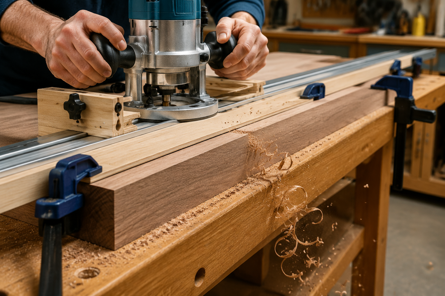 () image focusing on a router sled in action, specifically demonstrating edge jointing. A router with an edge-trimming bit