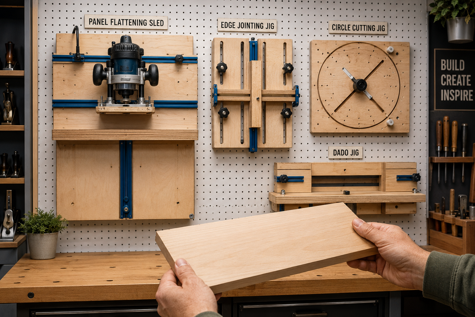 () image showcasing a collection of various DIY router sleds and jigs, neatly organized on a pegboard or tool wall in a