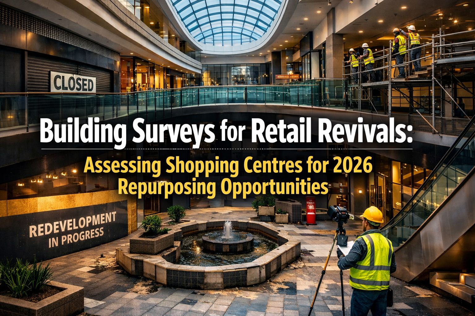 Professional landscape hero image (1536x1024) with bold text overlay: "Building Surveys for Retail Revivals: Assessing Shopping Centres for 