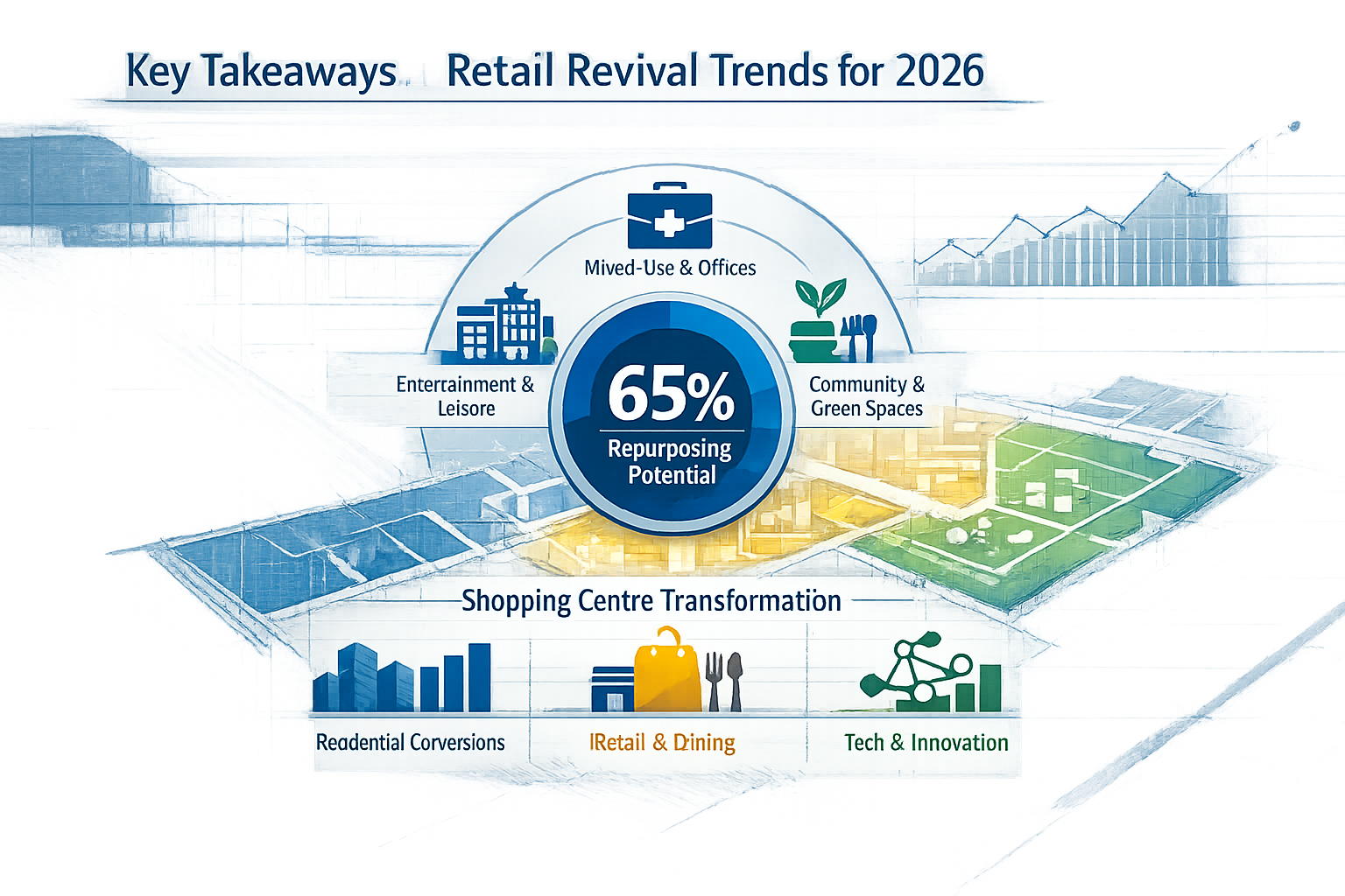 Key Takeaways infographic visualizing retail revival trends for 2026, featuring layered architectural blueprint overlaid with translucent da