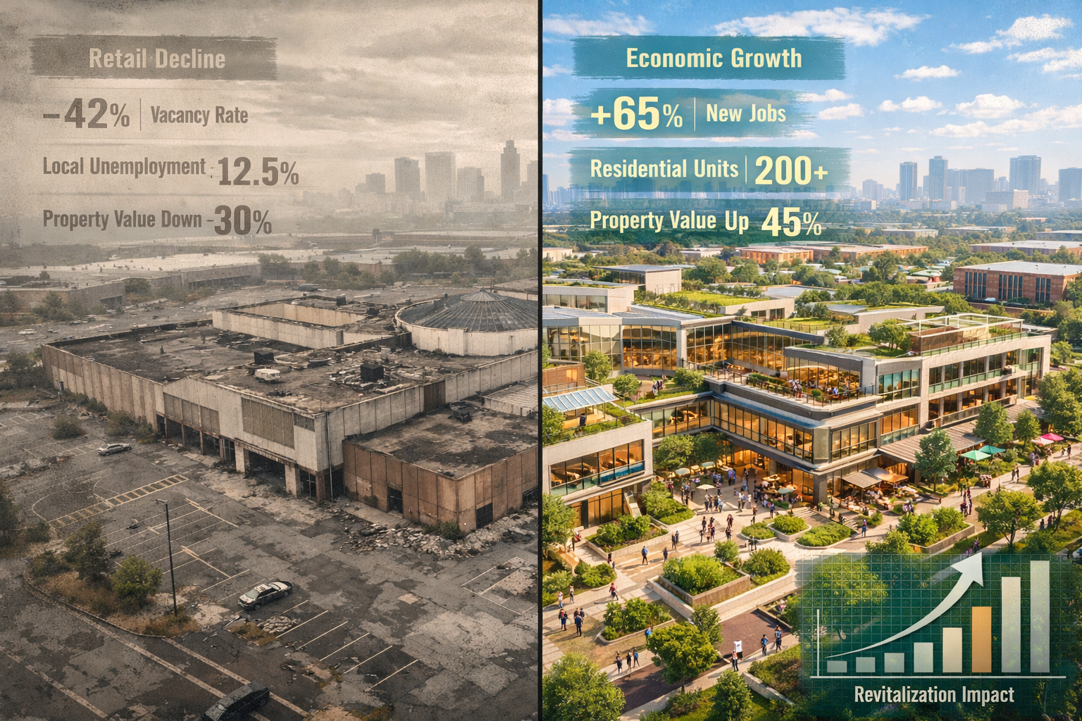 Urban landscape panorama depicting evolving retail ecosystem in 2026, showcasing abandoned shopping centre transforming into mixed-use commu