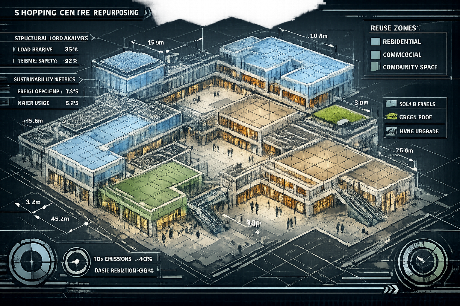 Technical building survey visualization for shopping centre repurposing, featuring intricate 3D structural assessment diagram. Transparent w